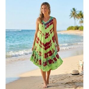 Jessica‎ Taylor Tie Dye Pineapple Embroidered Sharkbite Maxi Dress Green Red OS
